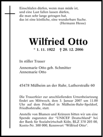 Traueranzeige von Wilfried Otto von Tageszeitung