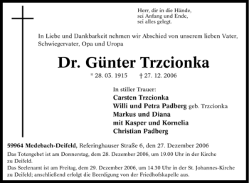Traueranzeige von Günter Trzcionka von Tageszeitung