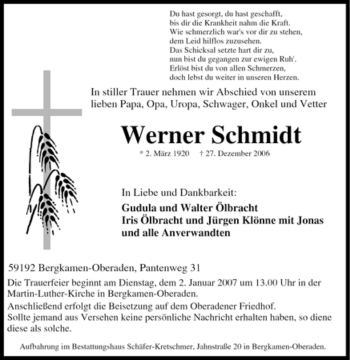 Traueranzeige von Werner Schmidt von Tageszeitung