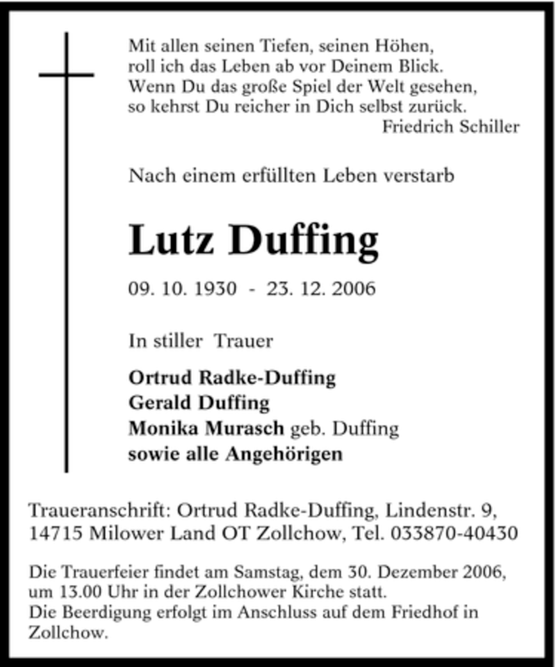  Traueranzeige für Lutz Duffing vom 28.12.2006 aus Tageszeitung