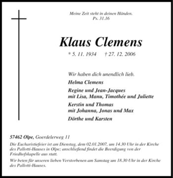Traueranzeige von Klaus Clemens von Tageszeitung