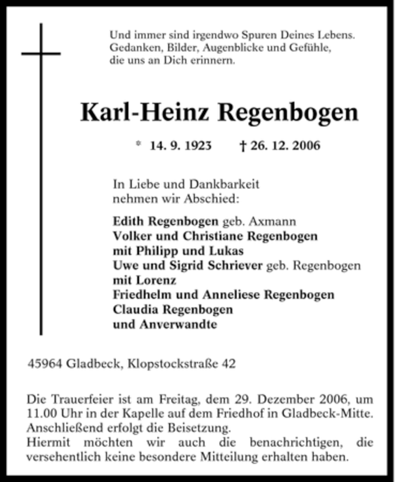  Traueranzeige für Karl-Heinz Regenbogen vom 28.12.2006 aus Tageszeitung