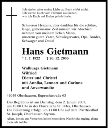 Traueranzeige von Hans Gietmann von Tageszeitung