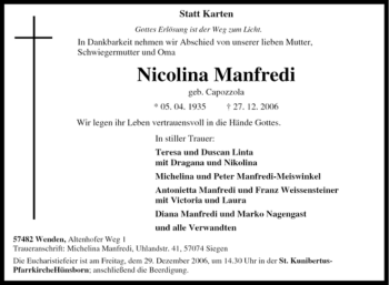 Traueranzeige von Nicolina Manfredi von Tageszeitung
