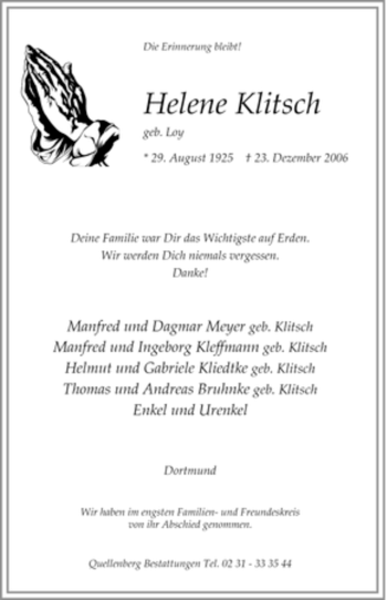 Traueranzeige von Helene Klitsch von Tageszeitung