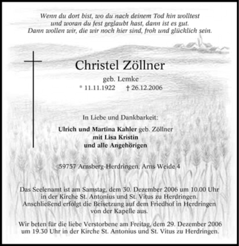 Traueranzeige von Christel Zöllner von Tageszeitung