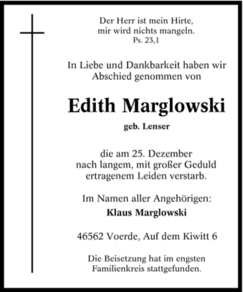 Traueranzeige von Edith Marglowski von Tageszeitung