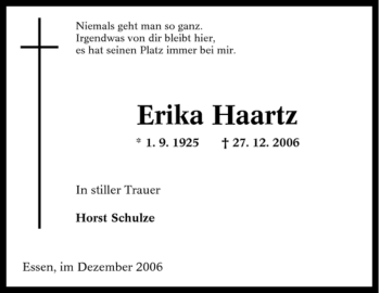 Traueranzeige von Erika Haartz von Tageszeitung