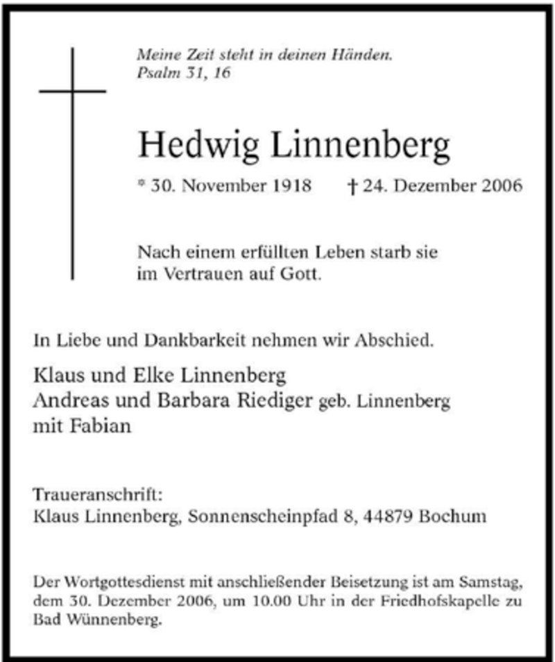  Traueranzeige für Hedwig Linnenberg vom 29.12.2006 aus Tageszeitung