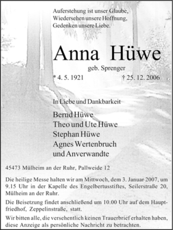 Traueranzeige von Anna Hüwe von Tageszeitung