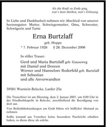 Traueranzeige von Erna Burtzlaff von Tageszeitung