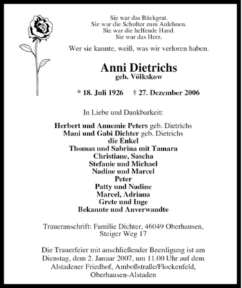Traueranzeige von Anni Dietrichs von Tageszeitung