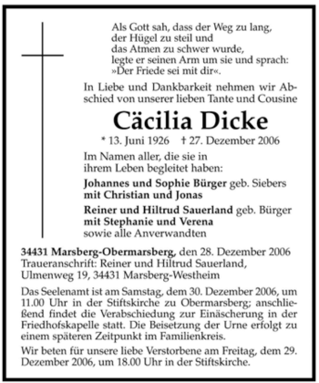 Traueranzeige von Cäcilia Dicke von Tageszeitung