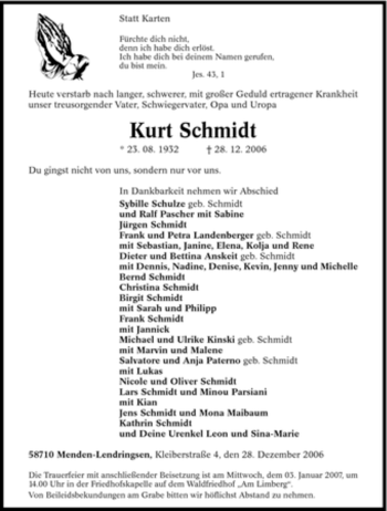 Traueranzeige von Kurt Schmidt von Tageszeitung