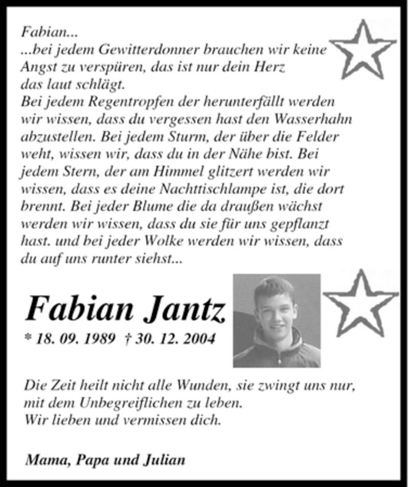  Traueranzeige für Fabian Jantz vom 30.12.2006 aus Tageszeitung