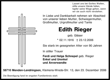 Traueranzeige von Edith Rieger von Tageszeitung