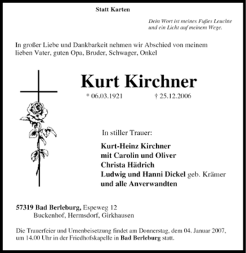 Traueranzeige von Kurt Kirchner von Tageszeitung