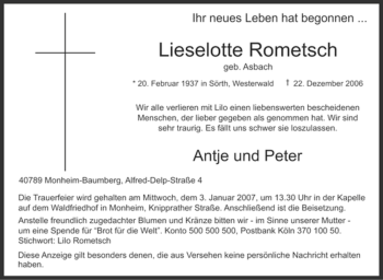 Traueranzeige von Lieselotte Rometsch von Tageszeitung