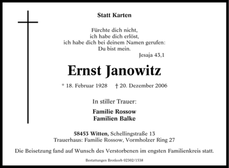  Traueranzeige für Ernst Janowitz vom 30.12.2006 aus Tageszeitung