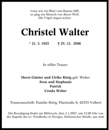 Traueranzeige von Christel Walter von Tageszeitung