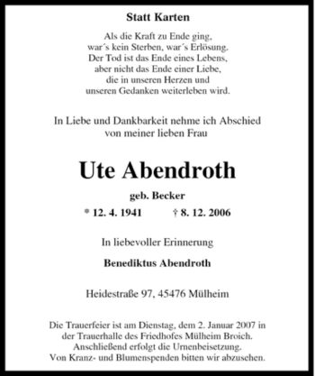 Traueranzeige von Ute Abendroth von Tageszeitung
