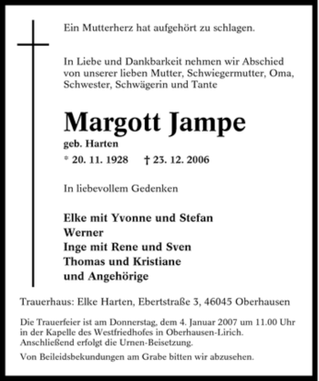 Traueranzeige von Margott Jampe von Tageszeitung