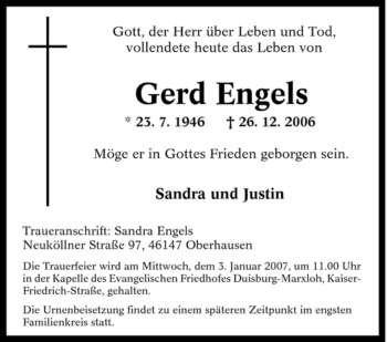 Traueranzeige von Gerd Engels von Tageszeitung