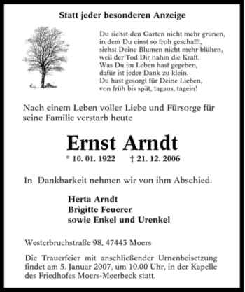 Traueranzeige von Ernst Arndt von Tageszeitung