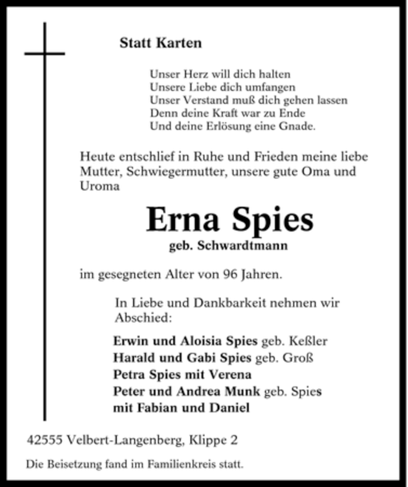  Traueranzeige für Erna Spies vom 30.12.2006 aus Tageszeitung