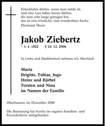 Traueranzeige von Jakob Ziebertz von Tageszeitung