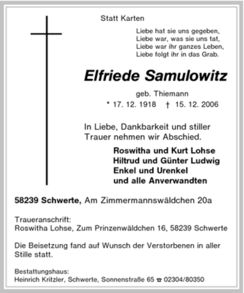 Traueranzeige von Elfriede Samulowitz von Tageszeitung