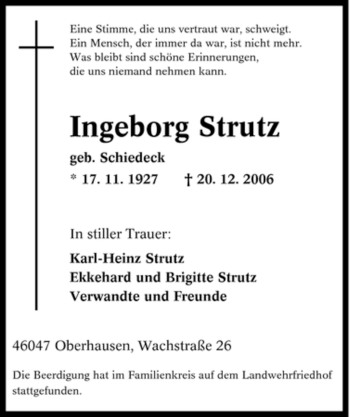 Traueranzeige von Ingeborg Strutz von Tageszeitung