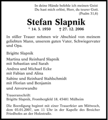 Traueranzeige von Stefan Slapnik von Tageszeitung