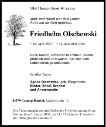 Traueranzeige von Friedhelm Olschewski von Tageszeitung