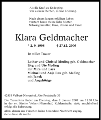 Traueranzeige von Klara Geldmacher von Tageszeitung