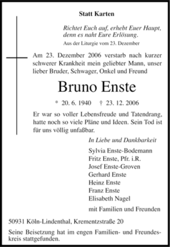Traueranzeige von Bruno Enste von Tageszeitung