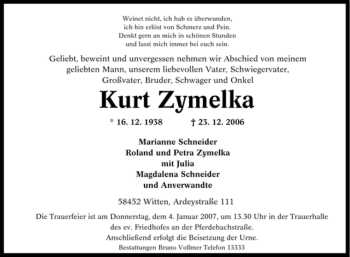 Traueranzeige von Kurt Zymelka von Tageszeitung