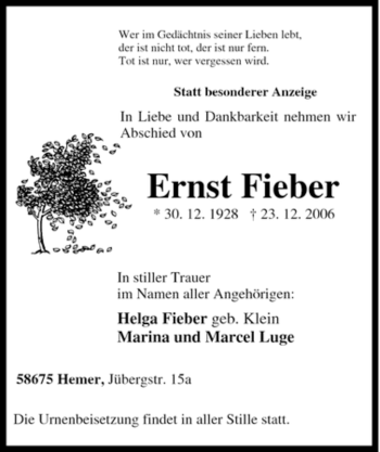 Traueranzeige von Ernst Fieber von Tageszeitung