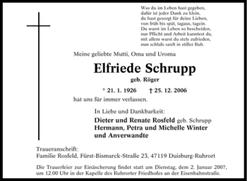 Traueranzeige von Elfriede Schrupp von Tageszeitung