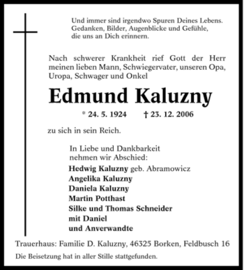 Traueranzeige von Edmund Kaluzny von Tageszeitung