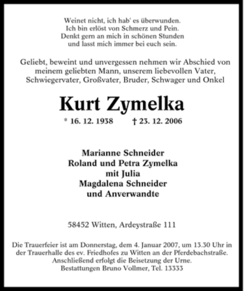 Traueranzeige von Kurt Zymelka von Tageszeitung