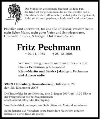 Traueranzeige von Fritz Pechmann von Tageszeitung