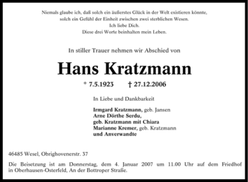 Traueranzeige von Hans Kratzmann von Tageszeitung