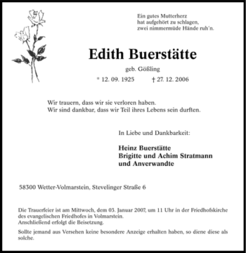Traueranzeige von Edith Buerstätte von Tageszeitung