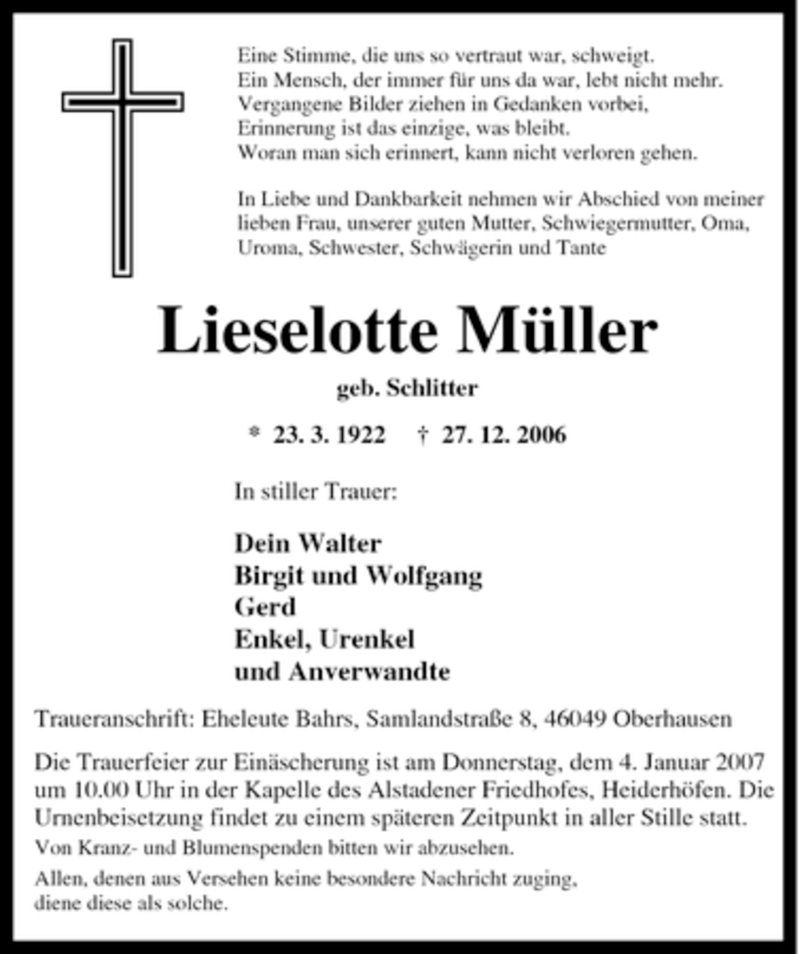  Traueranzeige für Lieselotte Müller vom 30.12.2006 aus Tageszeitung