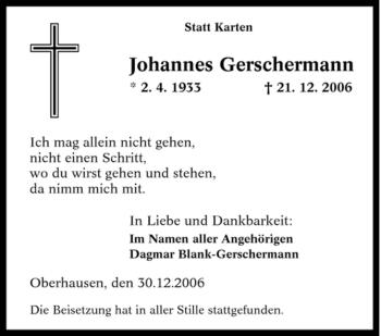 Traueranzeige von Johannes Gerschermann von Tageszeitung