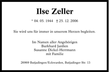 Traueranzeige von Ilse Zeller von Tageszeitung
