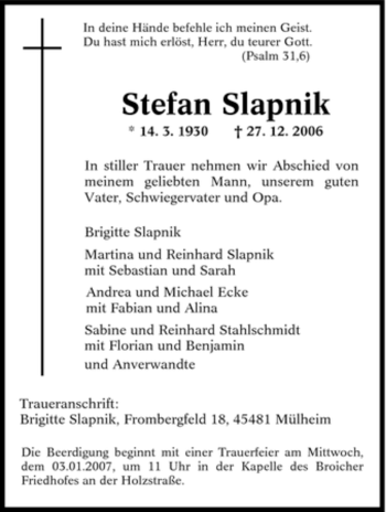Traueranzeige von Stefan Slapnik von Tageszeitung