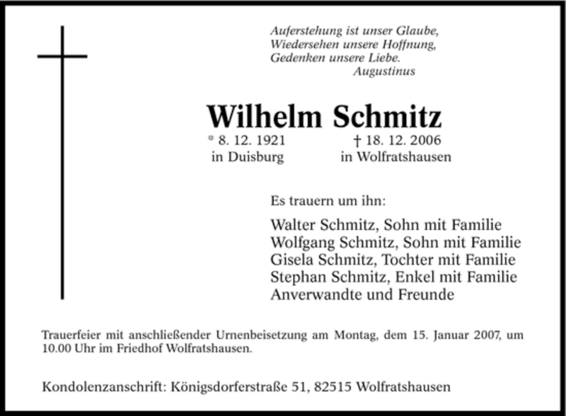  Traueranzeige für Wilhelm Schmitz vom 30.12.2006 aus Tageszeitung