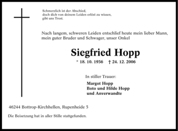 Traueranzeige von Siegfried Hopp von Tageszeitung